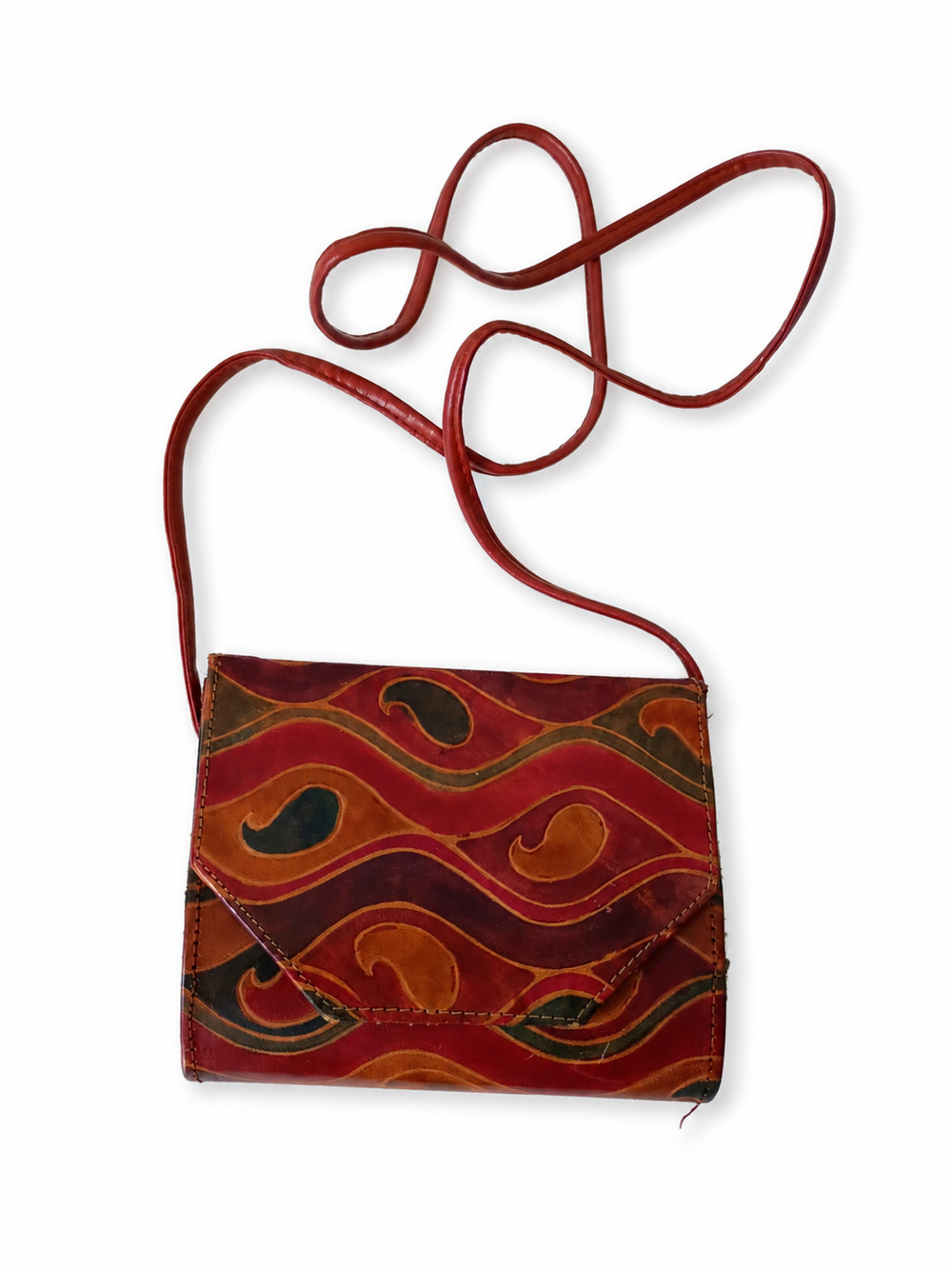 Vintage Hand Painted Leather Crossbody Bag Paisley Boho Envelope Purse